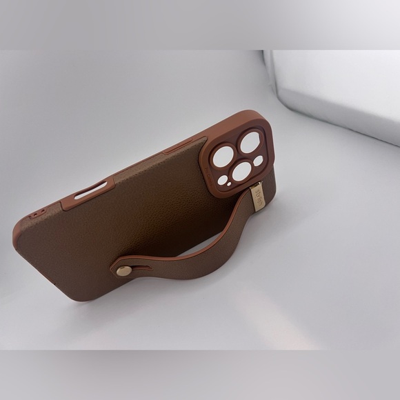 iPhone 16 Pro Max Case/Brown Textured Faux Leather with Gold Accents/Hand Strap - Picture 7 of 8